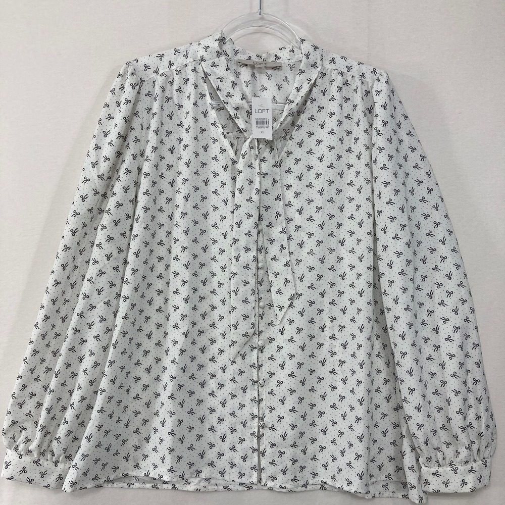New LOFT Tie Neck Blouse XL White‎ Black Bow Print Button Up Long Sleeve Preppy